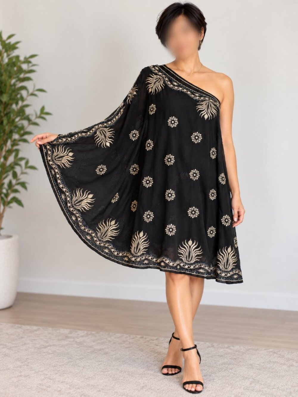 Venus Black One-Shoulder Embroidered & Beaded Overlay Dress - Small